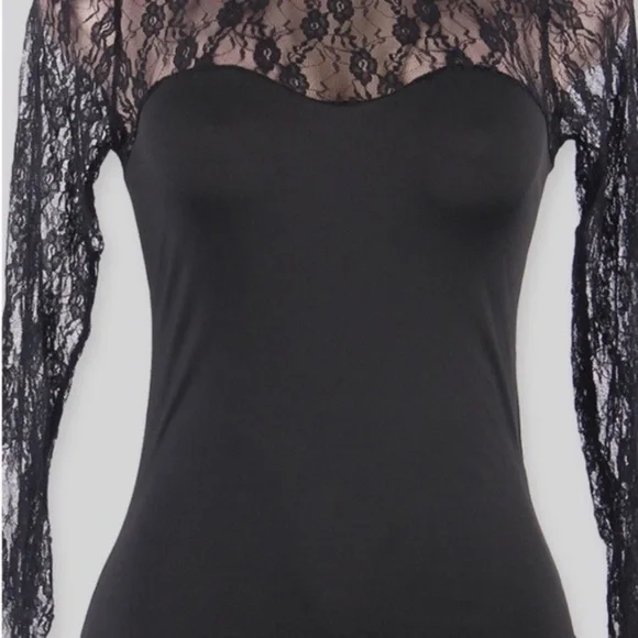 Black Long sleeve lace sleeve Romper Teddy Body suit. Snap crotch Cotton Romper. - Picture 2 of 3